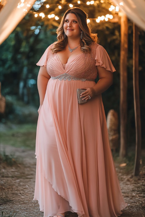 A plus-size woman wearing a blush pink maxi dress with a layered chiffon skirt, short flutter sleeves, and a beaded bodice