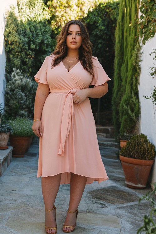 A plus-size woman wearing a blush pink midi dress with a wrap silhouette and short flutter sleeves, paired with gold flats and a minimalist necklace