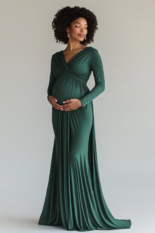 A pregnant woman exuding elegance in a floor-length long-sleeve maternity dress crafted from soft jersey fabric in emerald green, featuring a wrap-style bodice