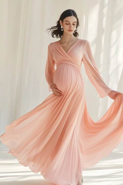 A pregnant woman wearing an elegant long-sleeve maternity dress made of flowing chiffon in a soft blush pink hue, featuring a V-neckline