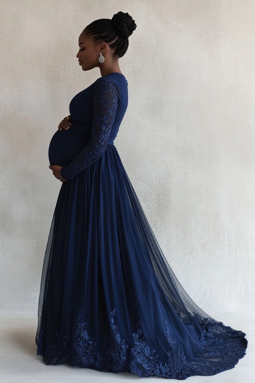 A radiant pregnant woman dressed in a long-sleeve maternity dress with lace detailing in navy blue