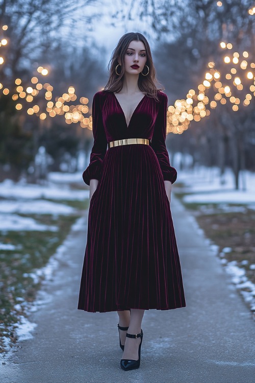 A rich burgundy velvet midi dress with long bishop sleeves, a pleated skirt, and a cinched satin belt, paired with black block heels and gold hoop earrings