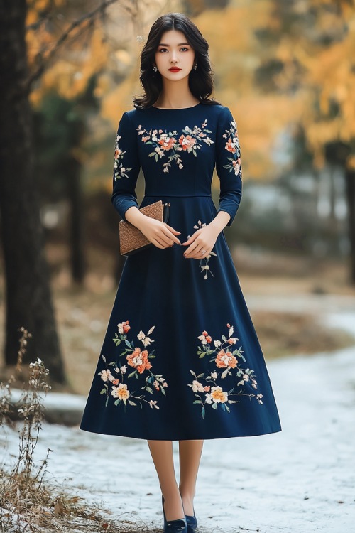 A simple A-line dress in navy blue with three-quarter sleeves and floral embroidery, accessorized with a small clutch and flats