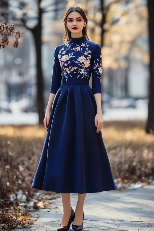 A simple A-line dress in navy blue with three-quarter sleeves and floral embroidery, accessorized with a small clutch