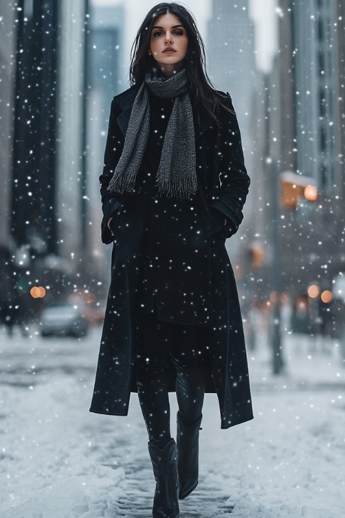 A sleek monochromatic look with black short cowboy boots, a long black trench coat, a cashmere scarf, and black skinny jeans