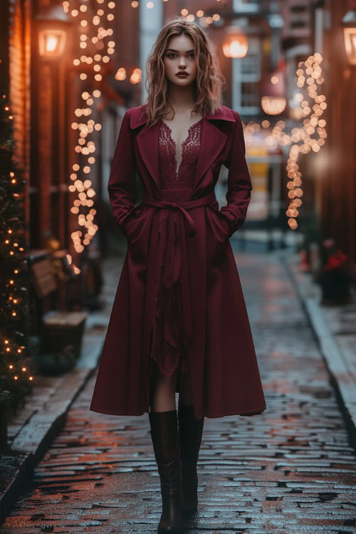 A sleeveless burgundy sheath dress with subtle lace detailing, paired with a long trench coat and leather boots