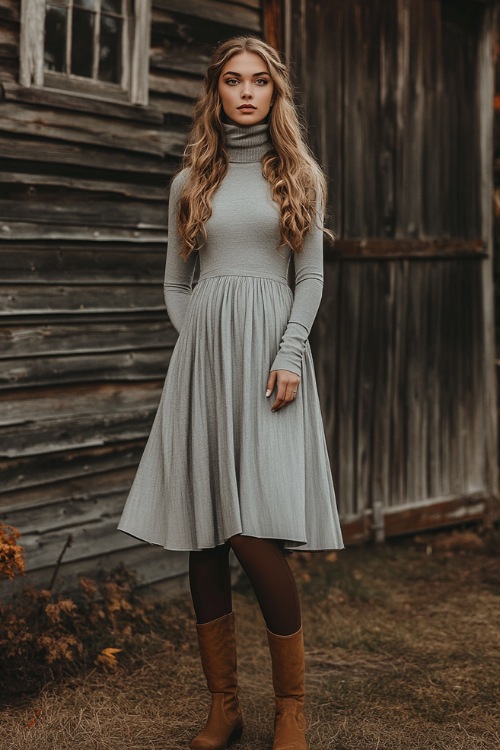 A soft turtleneck dress in gray with a flowy midi skirt, paired with leggings and tall brown boots, posing in front of a rustic wooden barn wedding venue