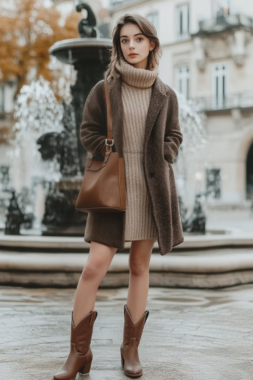 A sophisticated outfit featuring brown short cowboy boots, a neutral-toned knit sweater dress, a cropped tweed jacket, and a leather tote bag