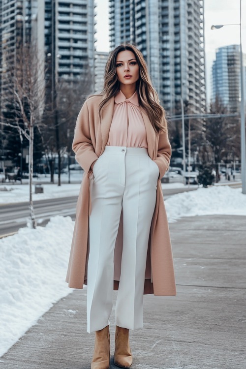 A sophisticated winter look featuring beige suede ankle cowboy boots, white wide-leg trousers, a blush pink blouse, and a structured coat