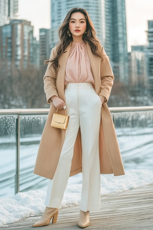 A sophisticated winter look featuring beige suede ankle cowboy boots, white wide-leg trousers, a blush pink blouse, and a structured tan coat