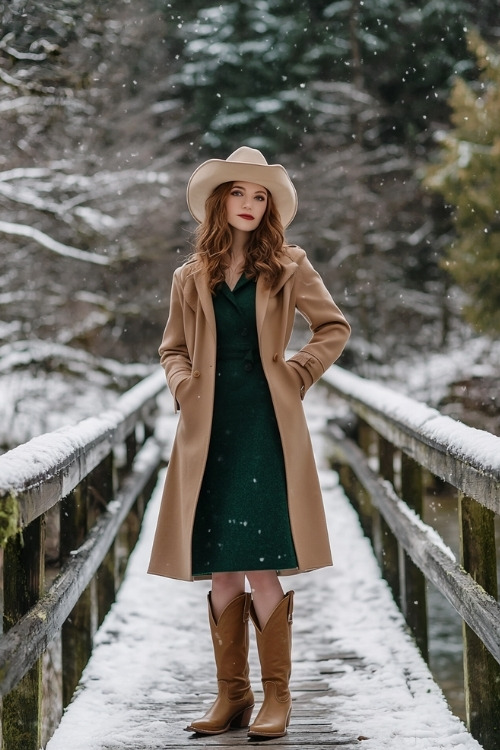 A sophisticated woman in a dark green wool dress, tan trench coat, and tall tan cowboy boots with subtle western motifs stands at the edge of a quaint wooden bridge dusted with snow