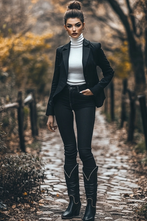 A sophisticated woman with a high bun wears a fitted black blazer over a white turtleneck, dark skinny jeans, and tall black cowboy boots with decorative stitching