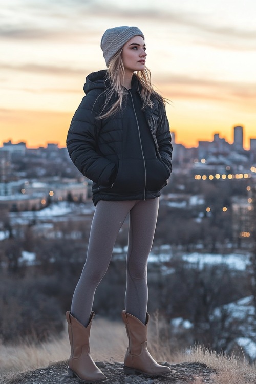 A sporty winter outfit with charcoal grey leggings, a black windbreaker jacket, and beige ankle cowboy boots with buckle accents (2)