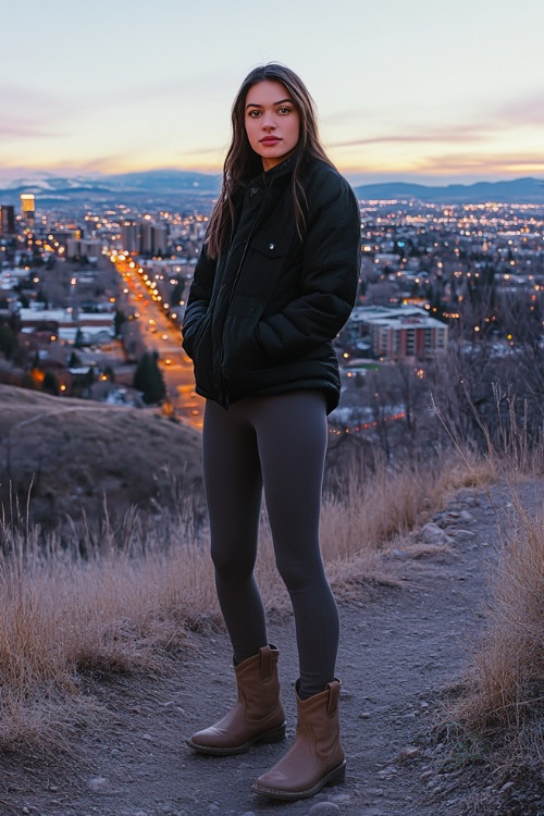 A sporty winter outfit with charcoal grey leggings, a black windbreaker jacket, and beige ankle cowboy boots with buckle accents