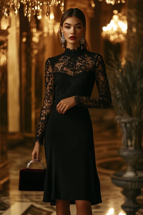 A stylish black midi dress with intricate lace sleeves and a scalloped neckline, paired with silver earrings, black heels, and a velvet clutch