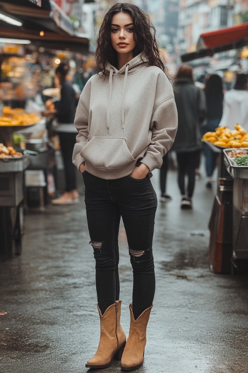 A stylish casual look featuring tan suede ankle cowboy boots, high-waisted black jeans, and a light grey oversized hoodie