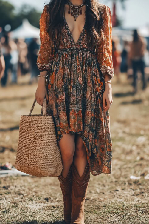 A stylish woman in a boho-print midi dress, paired with suede cowboy boots and a woven tote bag, standing at a spring Coachella concert