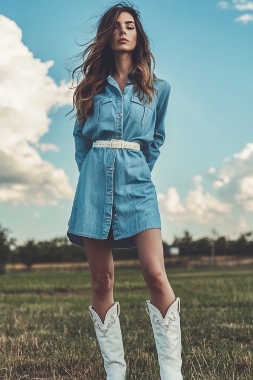 A stylish woman in a lightweight denim shirt dress, cinched at the waist with a western-style belt, paired with white cowboy boots