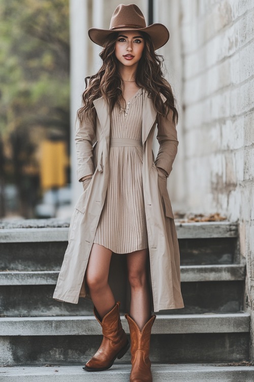 A stylish woman in a lightweight trench coat layered over a ribbed midi dress, paired with ankle cowboy boots and a felt hat at a breezy spring concert