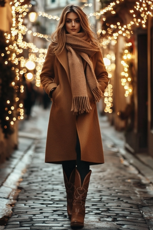 A stylish woman in a long, camel-colored wool coat, chunky scarf, and tall brown cowboy boots with intricate stitching details (2)