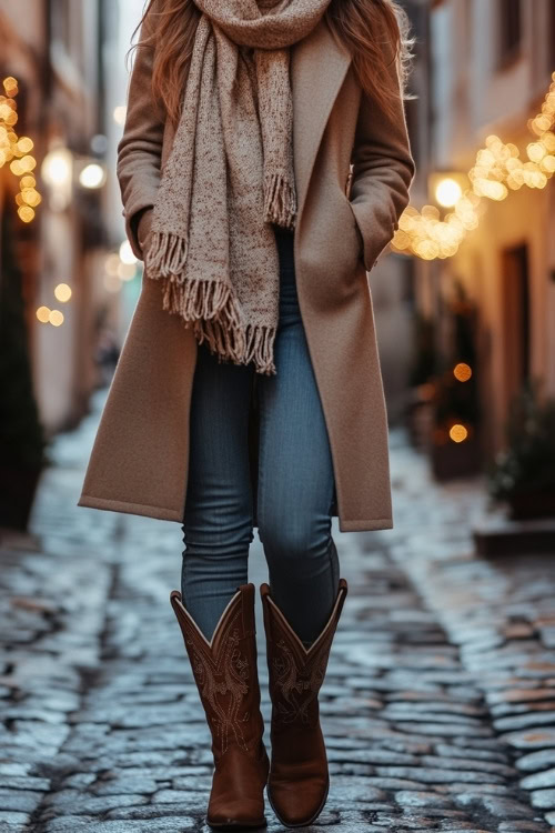 A stylish woman in a long, camel-colored wool coat, chunky scarf, and tall brown cowboy boots with intricate stitching details