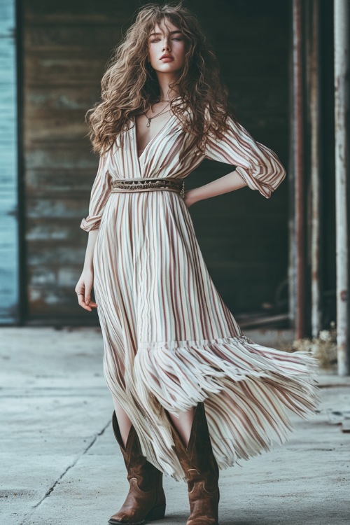 A stylish woman in a striped wrap dress, paired with fringe cowboy boots and a western-style leather belt, exuding relaxed charm at a spring concert