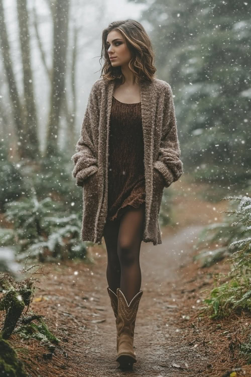 A stylish woman with shoulder-length brown hair in a thick brown cardigan over a wool dress and leggings, wearing tall tan cowboy boots with silver accents