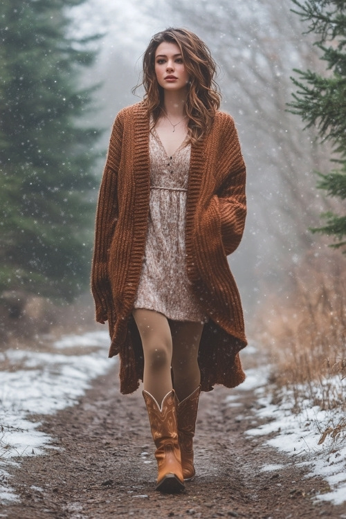 A stylish woman with shoulder-length brown hair in a thick brown cardigan over a wool dress and leggings