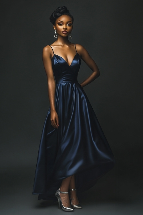 A tall woman dressed in a navy blue satin midi dress with spaghetti straps, a cowl neckline, and a bias-cut silhouette