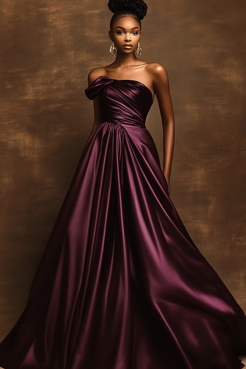 A tall woman wearing a dark plum satin gown with a one-shoulder design, a cinched waist, and a flowing A-line skirt. She accessorizes with gold drop earrings and metallic heels