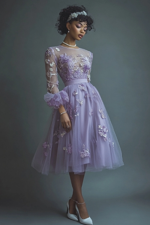 A tall woman wearing a lavender midi dress with a fitted bodice, long sheer sleeves, and intricate floral embroidery. She pairs the dress with white pumps and a pearl bracelet