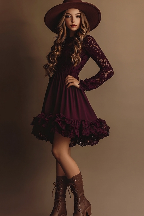 A tall woman wearing a midi-length burgundy dress with lace details, long sleeves, and a ruffled hem. She pairs the outfit with brown ankle boots and a wide-brim hat (2)