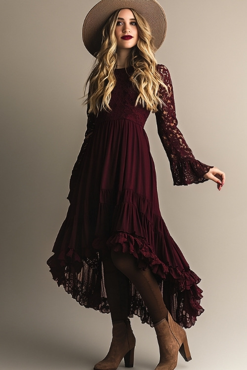 A tall woman wearing a midi-length burgundy dress with lace details, long sleeves, and a ruffled hem. She pairs the outfit with brown ankle boots and a wide-brim hat (3)