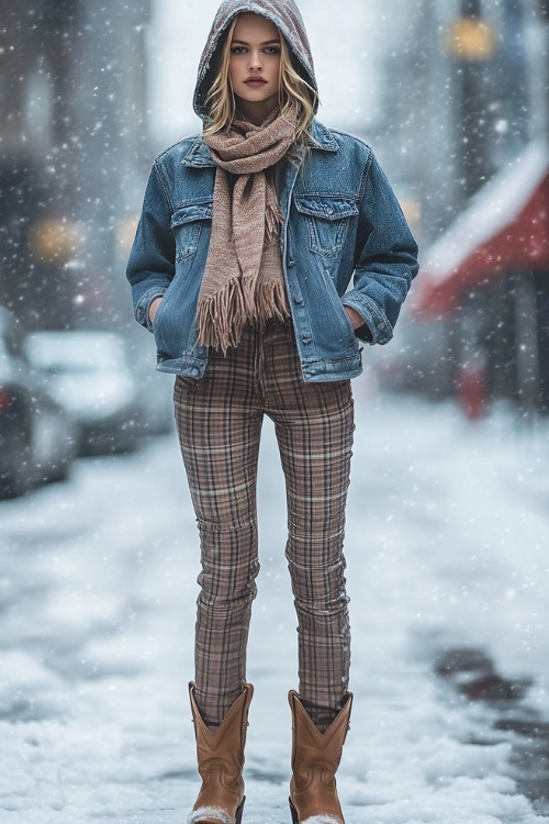 A trendy look featuring tan short cowboy boots, a denim jacket layered over a hoodie, plaid trousers, and a wool scarf