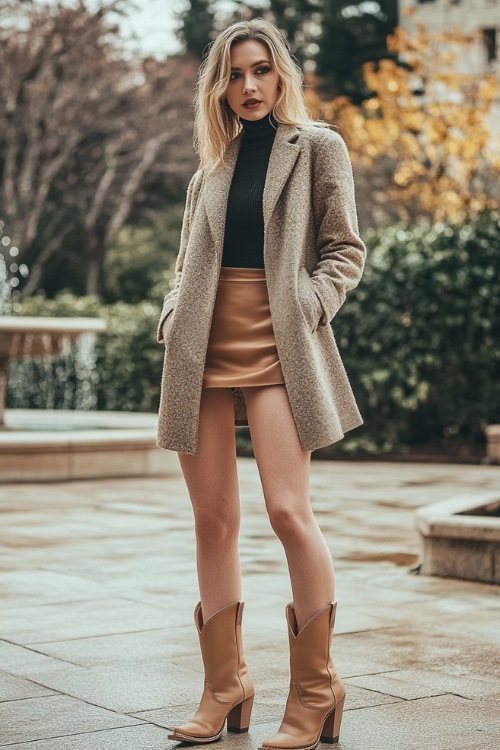 A trendy outfit with beige ankle cowboy boots, a tan leather mini skirt, a fitted black turtleneck, and a cropped wool coat