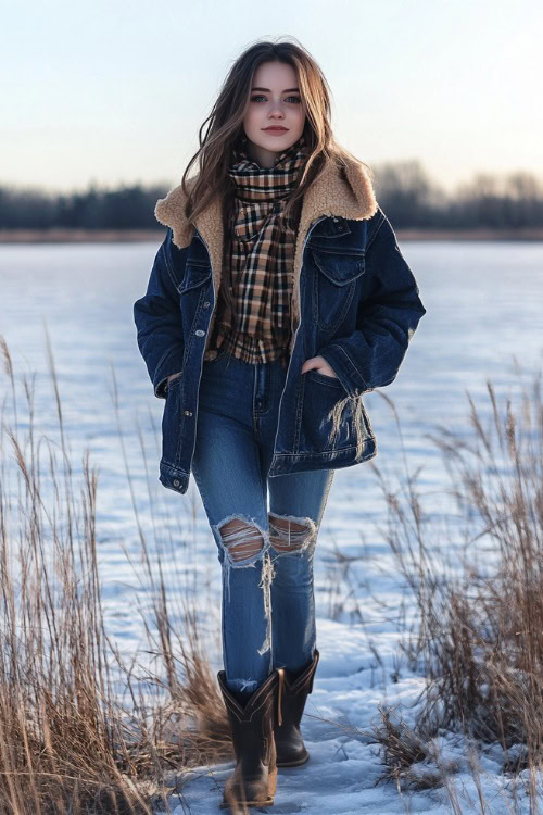 A trendy winter outfit featuring black short cowboy boots, a denim jacket layered over a sherpa-lined coat, a plaid scarf, and ripped jeans