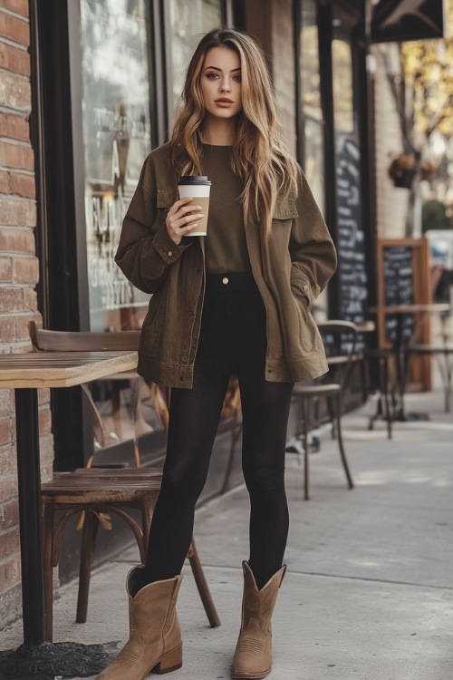 A trendy winter outfit featuring tan suede ankle cowboy boots, black leggings, and a cropped olive-green utility jacket