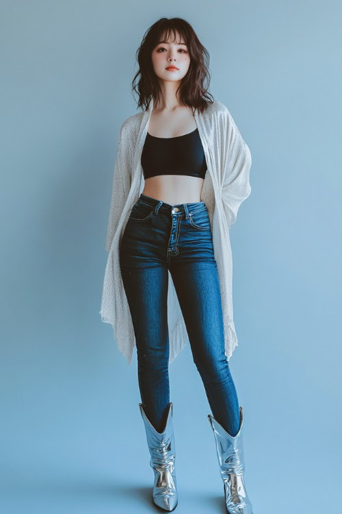 A trendy woman rocking silver cowboy boots, dark blue skinny jeans, a simple black crop top, and a lightweight white kimono cardigan