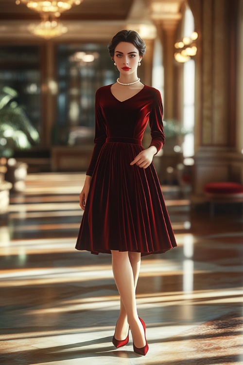 A velvet midi dress in wine red with three-quarter sleeves and a flared skirt, styled with pumps and a pearl necklace (2)