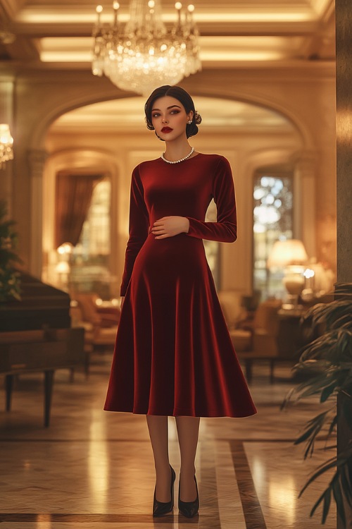 A velvet midi dress in wine red with three-quarter sleeves and a flared skirt, styled with pumps and a pearl necklace