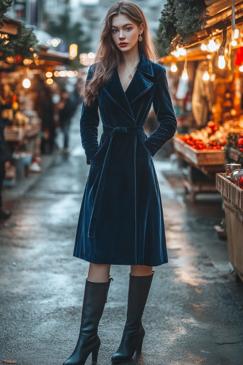 A velvet wrap dress in midnight blue, featuring long sleeves with buttoned cuffs and a knee-length hem, paired with knee-high boots and a wool trench coat