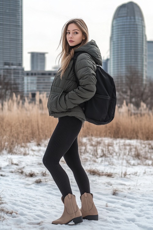 A winter outfit featuring black ribbed leggings, a cropped puffer jacket in forest green, and beige suede ankle cowboy boots with small silver accents