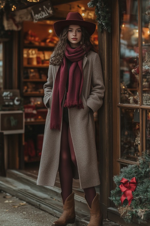 A winter-ready outfit with a long wool coat, burgundy scarf, opaque tights, and brown cowboy boots, with the woman standing near a festive holiday storefront