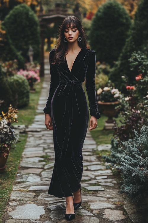 A woman dressed in a black wrap-style velvet dress with long sleeves and a midi length, styled with silver hoop earrings and black block heels