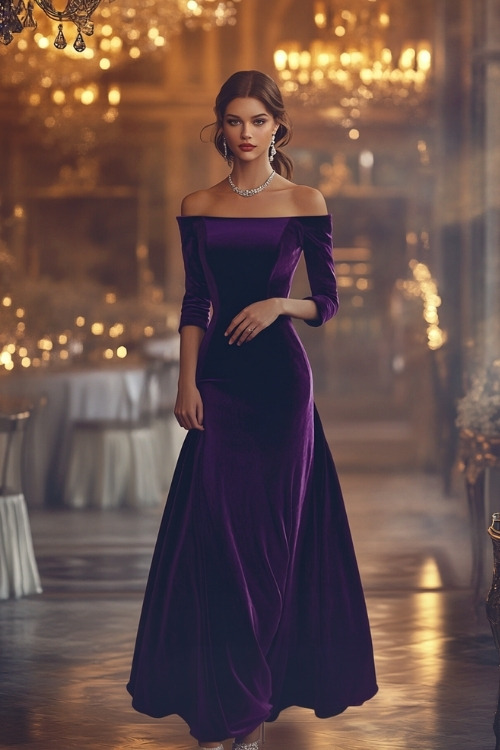 A woman dressed in a dark purple velvet gown with a boat neckline, bishop sleeves, and a flared hem. She wears silver jewelry and matching heels