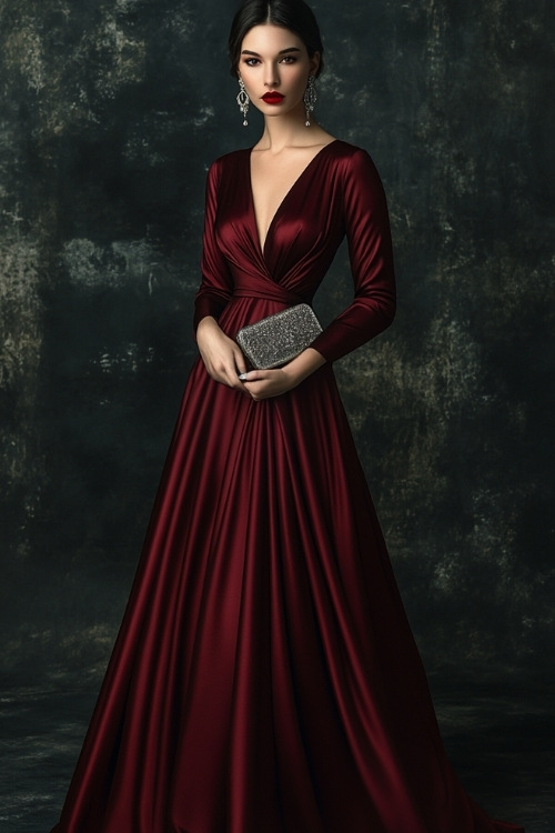 A woman dressed in a floor-length burgundy satin gown with a deep V neckline, long fitted sleeves, and a cinched waist. She wears chandelier earrings and carries a metallic clutch (2)