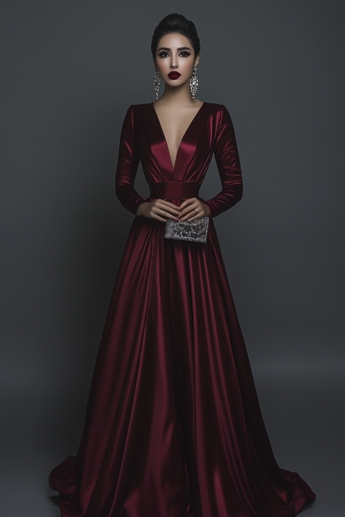 A woman dressed in a floor-length burgundy satin gown with a deep V neckline, long fitted sleeves, and a cinched waist. She wears chandelier earrings and carries a metallic clutch