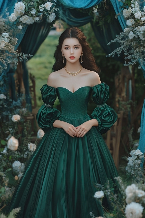 A woman dressed in a forest green gown with bishop sleeves, a square neckline, and a pleated A-line skirt