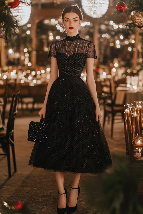 A woman dressed in an elegant tea-length black A-line dress with a high neckline and a sheer polka-dot overlay, accessorized with heels