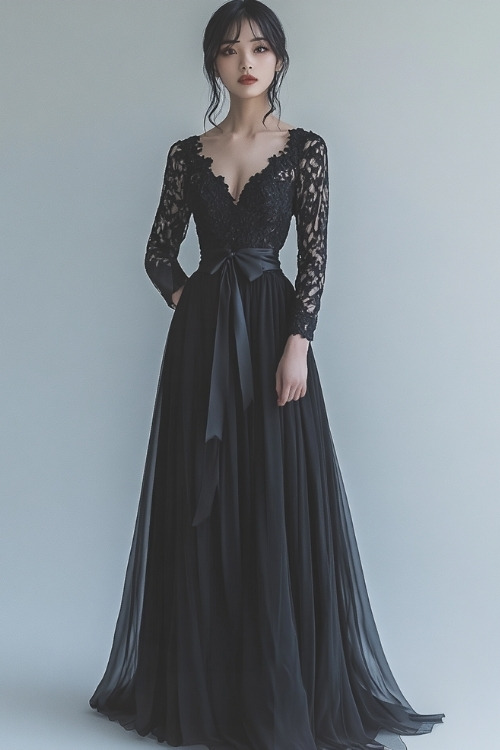 A woman in a black A-line gown with lace long sleeves, a sweetheart neckline, and a satin waist bow